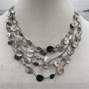 Chico’s Silver Tone 5 Strand Disc Charm Floating Beaded Statement Necklace